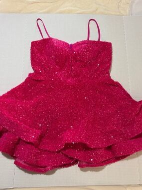 Sparkle Tiered Pink Homecoming Dress with Spaghetti Straps